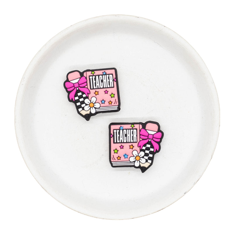 Teacher Notebook with Black & White Check Pencil Silicone Focal Bead 26x27mm (Package of 2)