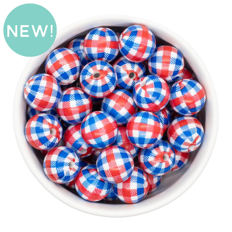 Blue & Red Gingham Printed Beads 16mm (Package of 10)