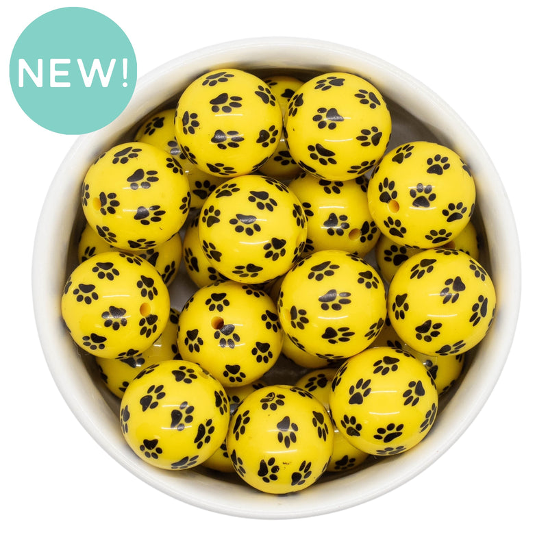 Yellow Paw Printed Beads 20mm