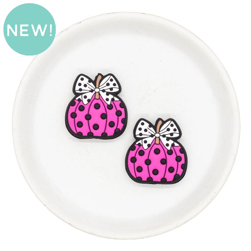 Hot Pink Pumpkin w/White Bow & Black Polka Dots Silicone Focal Bead 30x28mm (Package of 2)