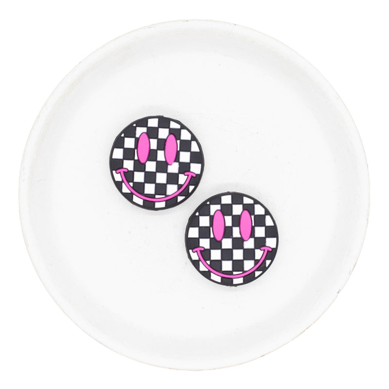 Black & White Check w/Hot Pink Smiley Silicone Focal Bead 28mm (Package of 2)