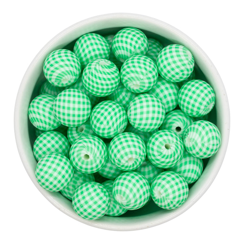 Green Gingham Printed Silicone Beads 15mm (Package of 10)