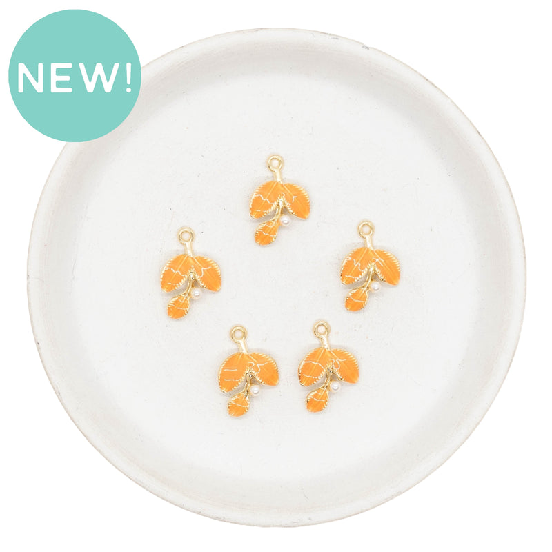 Orange Leaf Enamel Charm w/Pearl 13x20mm (Package of 5)