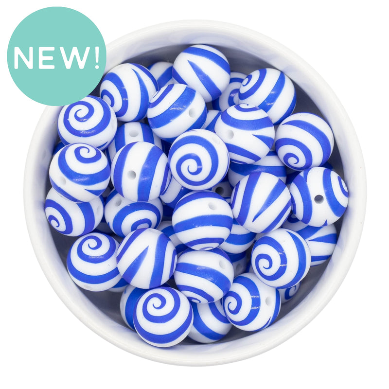 Royal Blue Swirl Printed Silicone Beads 15mm (Package of 10)