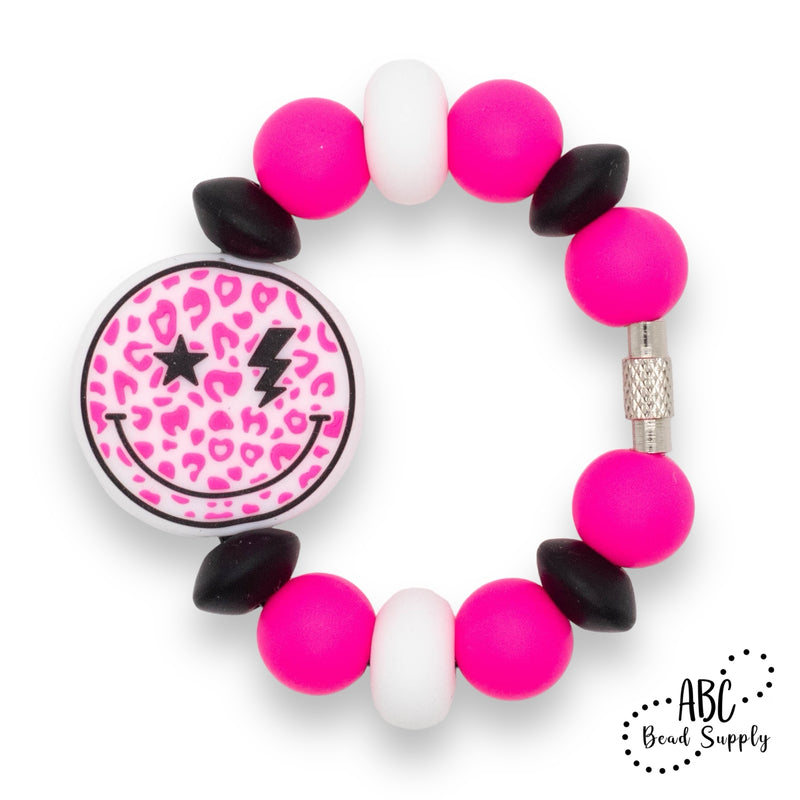 Neon Pink Leopard Smiley Silicone Focal Bead 28mm (Package of 2)