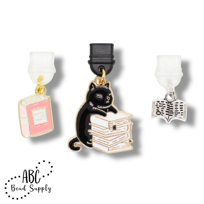 Cat w/Book Stack Enamel Charm 26x22mm (Package of 5)