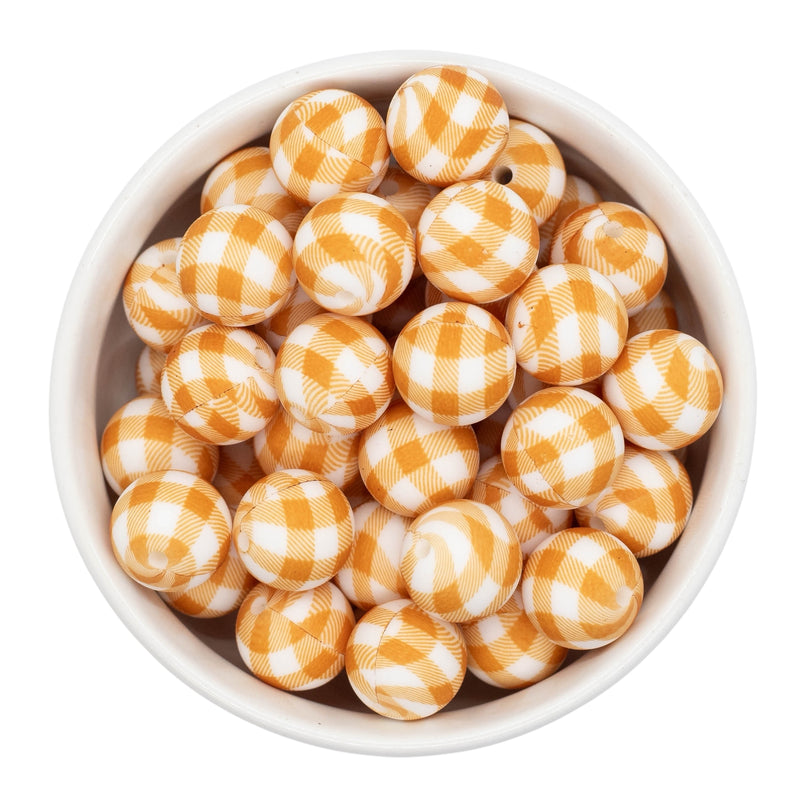 Burnt Orange Plaid Printed Silicone Beads 15mm (Package of 10)