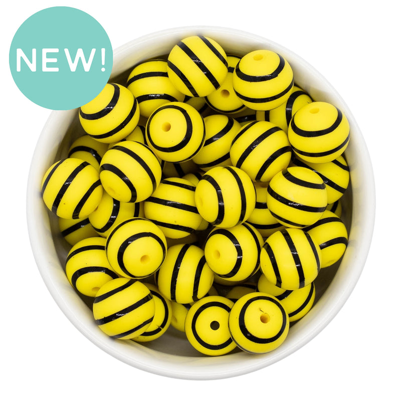Yellow w/Black Stripe Silicone Beads 15mm (Package of 10)