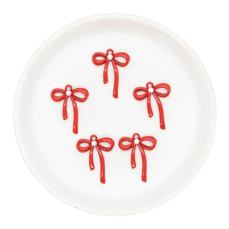 Red Bow w/Pearl Charm 25x20mm (Package of 5)