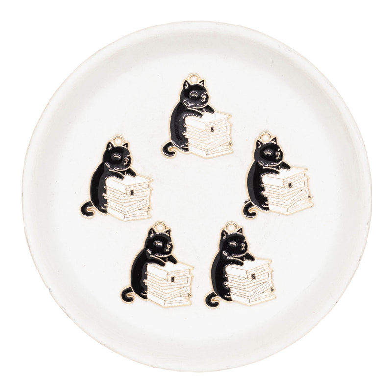 Cat w/Book Stack Enamel Charm 26x22mm (Package of 5)