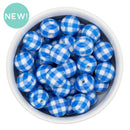 White w/Blue Plaid Beads 16mm (Package of 10)