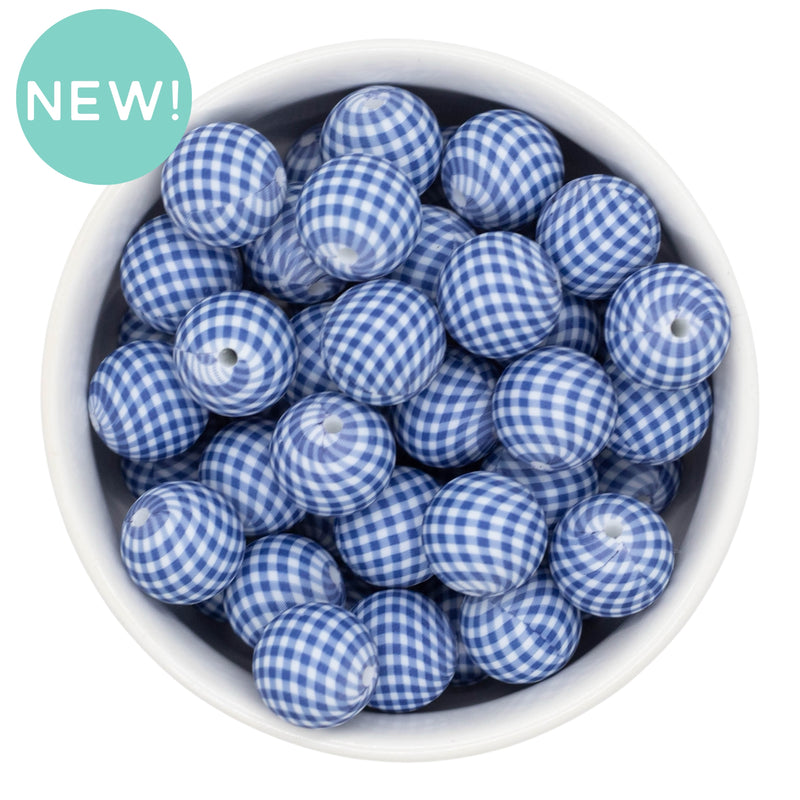 Blue Gingham Printed Silicone Beads 15mm (Package of 10)