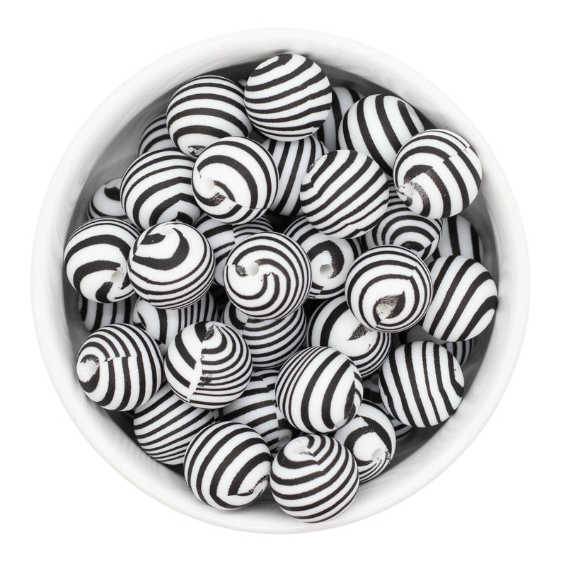 Black Swirl Stripe Printed Silicone Beads 15mm (Package of 10)