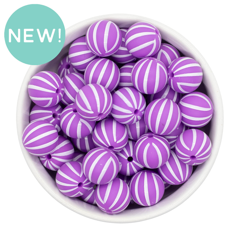 Orchid w/White Horizontal Stripe Printed Silicone Beads 15mm (Package of 10)