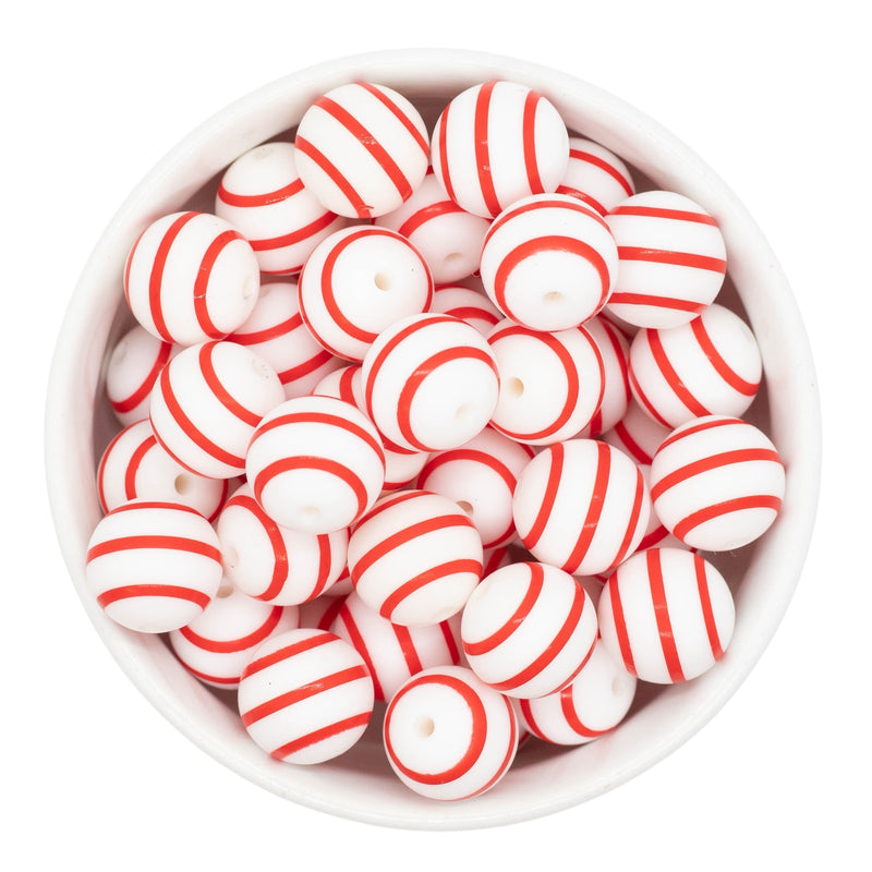 White w/Red Stripe Printed Silicone Beads 15mm (Package of 10)