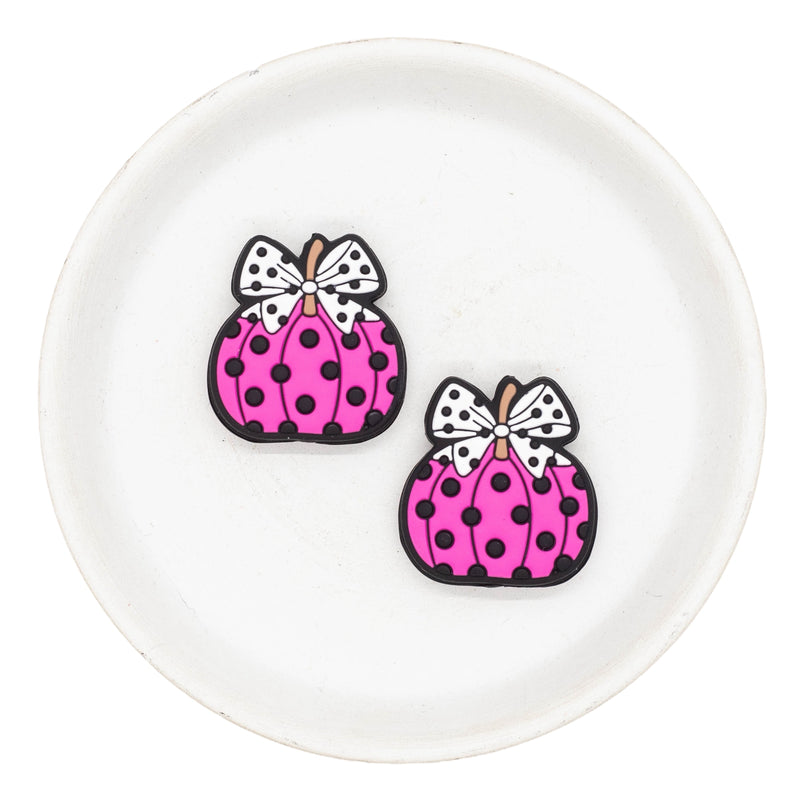 Hot Pink Pumpkin w/White Bow & Black Polka Dots Silicone Focal Bead 30x28mm (Package of 2)