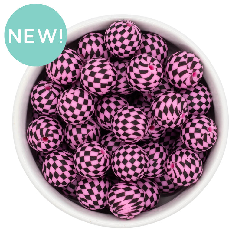 Black & Bubblegum Pink Check Printed Silicone Beads 15mm (Package of 10)
