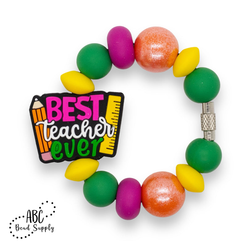 Best Teacher Ever w/Pencil and Ruler Silicone Focal Bead 23x30mm (Package of 2)