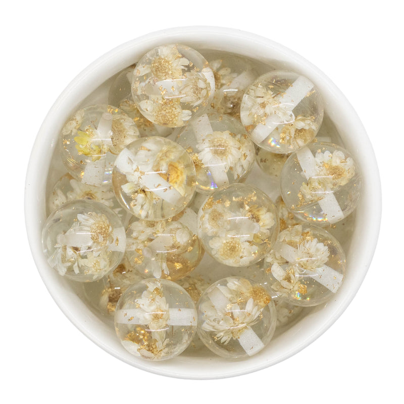 White Dried Flower & Gold Fleck Filled Beads 20mm (Package of 10)
