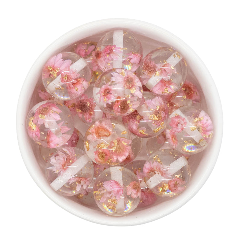 Light Pink Dried Flower & Gold Fleck Filled Beads 20mm (Package of 10)