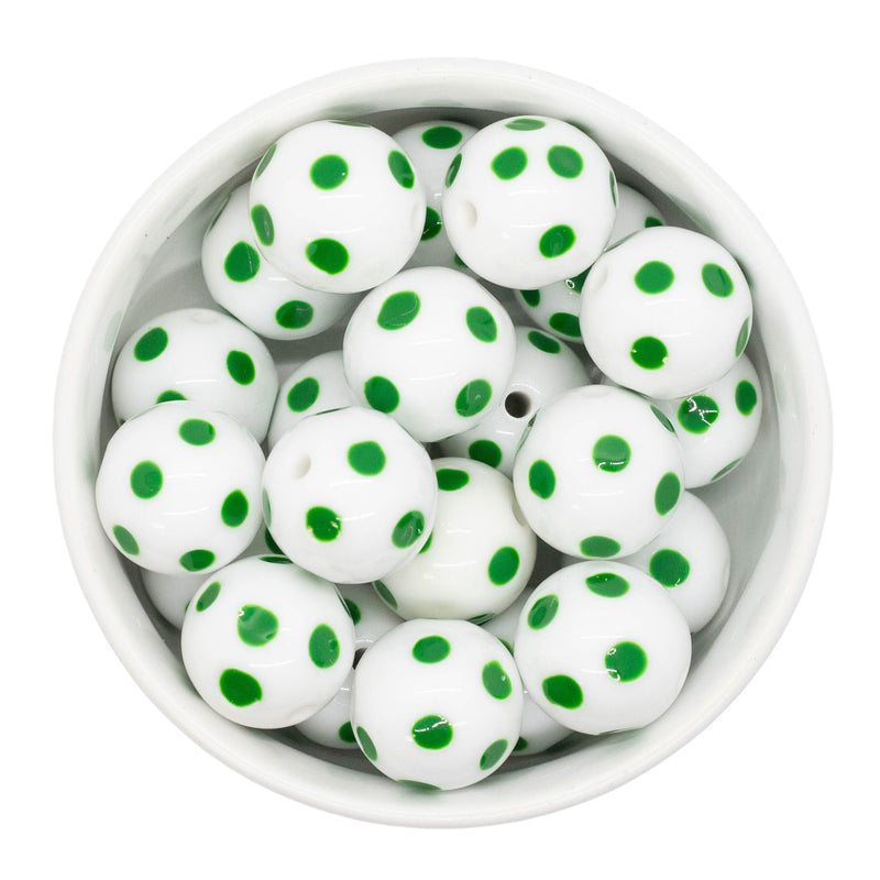 White w/Kelly Green Polka Dot Beads 20mm