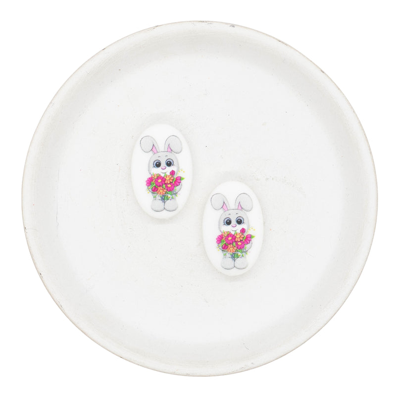 Oval Printed Bunny w/Flower Bouquet Silicone Focal Bead 27x18mm