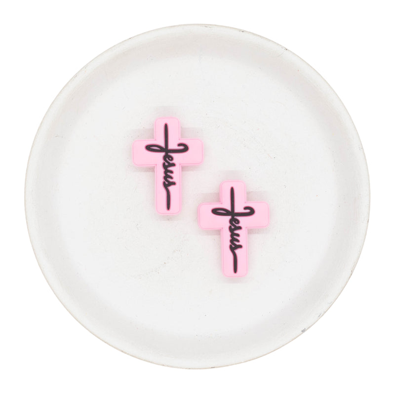 Light Pink Cross w/Black Jesus Script Silicone Focal Bead 30x22mm