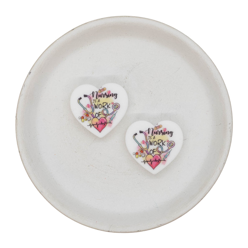 Printed Nursing is a Work of Heart Silicone Focal Bead 28x26mm (Package of 2)