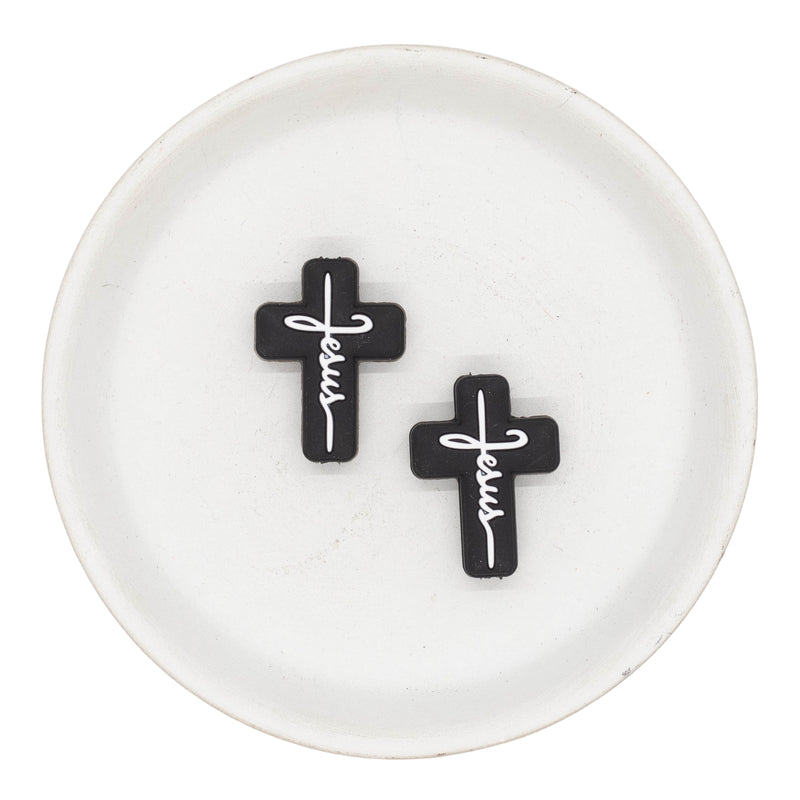 Black Cross w/White Jesus Script Silicone Focal Bead 30x22mm
