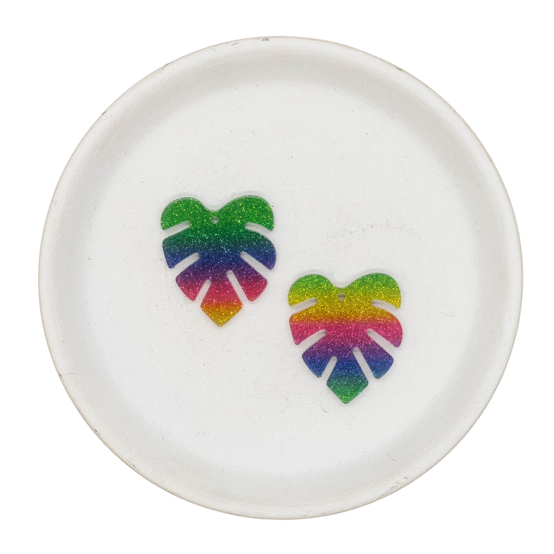Multicolor Tropical Leaf w/Glitter Inlay Acrylic w/Hole 28x25mm