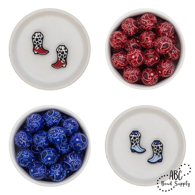 Blue w/Cow Print Cowboy Boots Silicone Focal Bead 29x18mm
