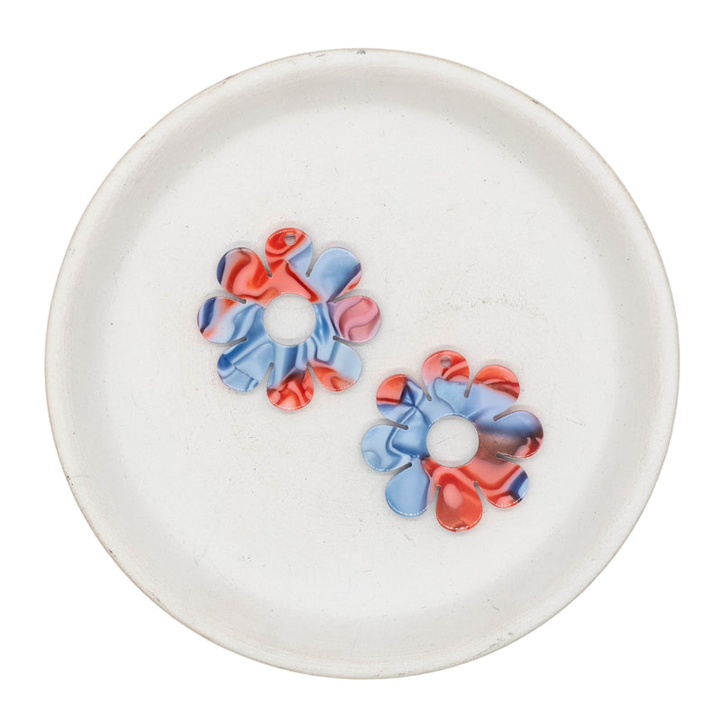 Cornflower & Coral Floral Acrylic w/Hole 31mm