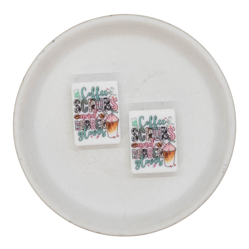 Printed Patterned Coffee Scrubs and Rubber Gloves Silicone Focal Bead 30x22mm