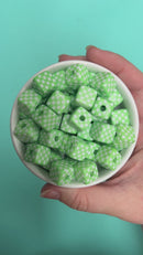 Lime Green and White Check Square Beads 14mm Square, 16mm Diagonal (Package of 10)