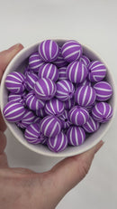 Orchid w/White Vertical Stripe Printed Silicone Beads 15mm (Package of 10)