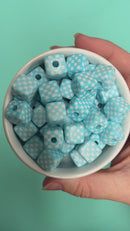 Aqua and White Check Square Beads 14mm Square, 16mm Diagonal (Package of 10)