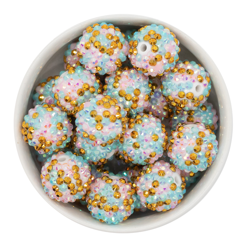 Mint Blue, Light Pink and Gold Confetti Rhinestone Beads 20mm