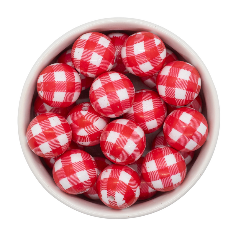White w/Red Plaid Beads 20mm (Package of 10)