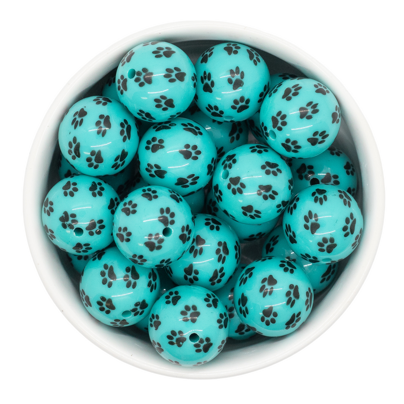 Teal Paw Printed Beads 20mm