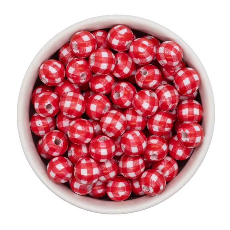 White w/ Red Plaid Beads 12mm