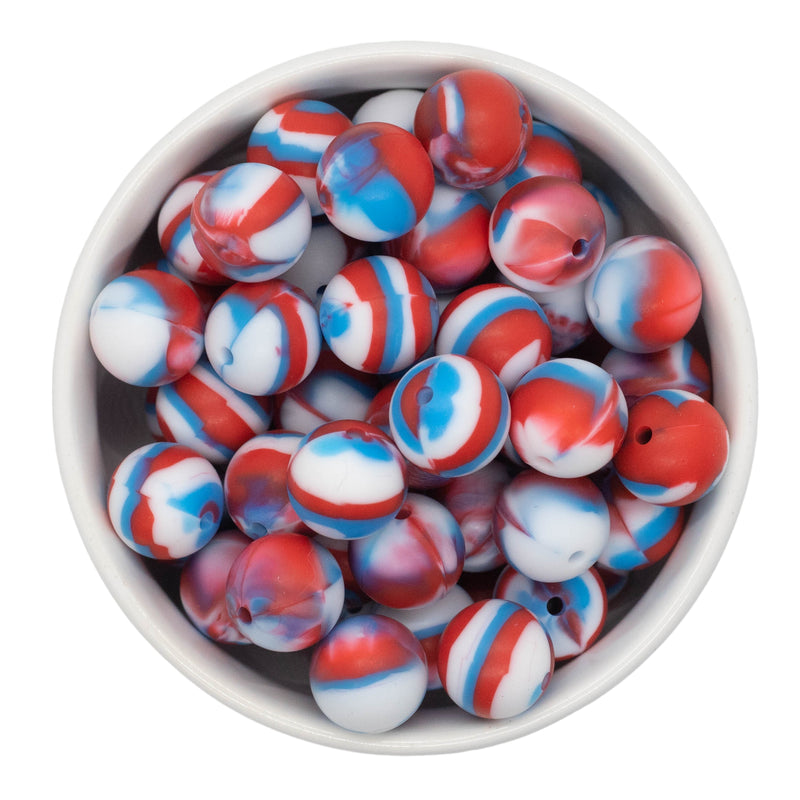 Azure, Red & White Marble Stripe Silicone Beads 15mm
